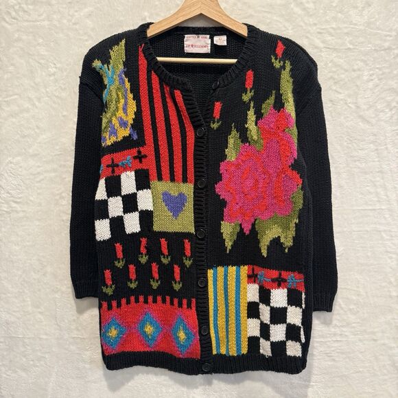 VTG 90s Cardigan Sweater JP Williams Wearable Art Patchwork Artsy Bright Funky L - Picture 1 of 12